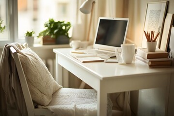 White Desk with Laptop, Books, and Mug in a Bright Room