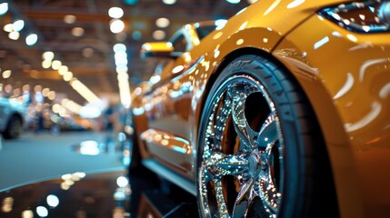 orange sports car showcasing polished chrome and sleek tires at an auto show shows off its...