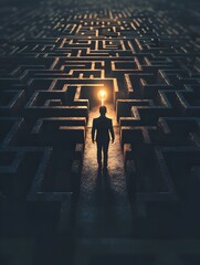 Businessman navigating a maze with a clear path leading to a shining goal
