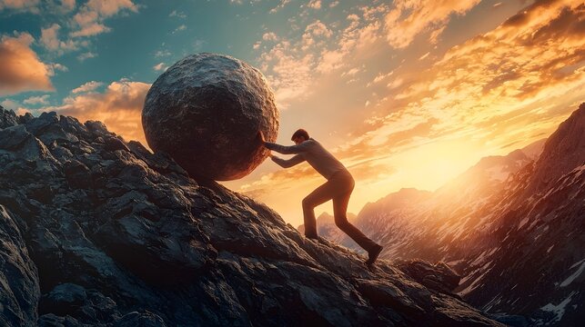 Businessman Pushing Boulder Up Hill Towards Goal Post at Sunset Symbolic of Perseverance and Struggle to Reach Ambitions