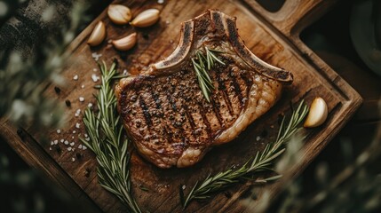 Fototapeta premium Juicy Bistecca Fiorentina Steak on Wooden Board