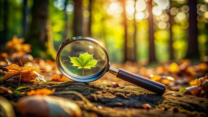 A blurry forest floor background highlights a magnifying glass and a leaf, symbolizing childhood curiosity and exploration in natural science discovery.