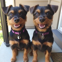 Twin pups with joyful expressions enjoying a sunny day on the porch in their collars