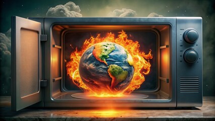 Obraz premium Glowing red globe of Earth spins rapidly in a microwave oven, surrounded by flames and smoke, symbolizing catastrophic climate change and environmental disaster.