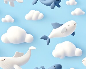 Seamless pattern with white whales and clouds on a blue background.
