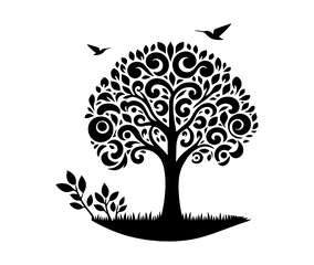 stylized tree silhouette, Black and white illustration