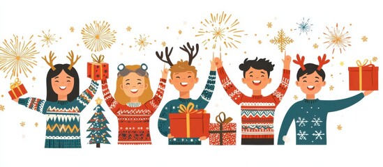 Fototapeta premium Festive illustration of cheerful children in Christmas sweaters celebrating with gifts and sparkling fireworks