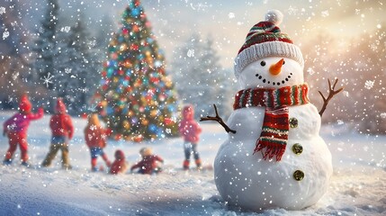 Fototapeta premium Cheerful Snowman with Children Playing in Snowy Christmas Scene