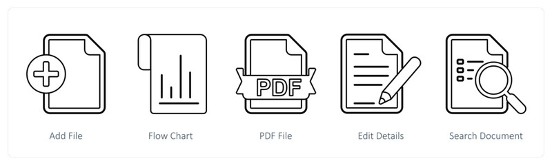 A set of 5 mix icons as add file, flow chart, pdf file