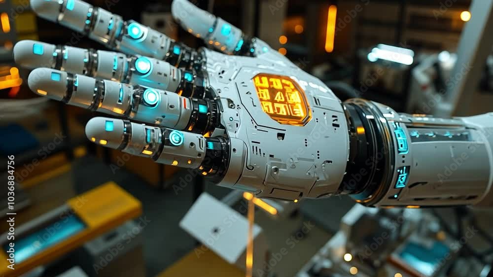 Poster This robotic hand showcases intricate design and glowing elements within a lab environment. Prosthesis