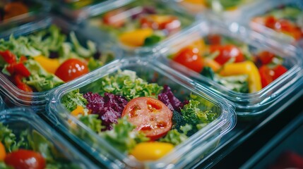 Fototapeta premium Top view of close-up of multiple healthy vegetable salad lunch boxes in plastic. A great choice for diet and take away food