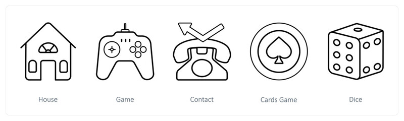 A set of 5 mix icons as house, game, contact