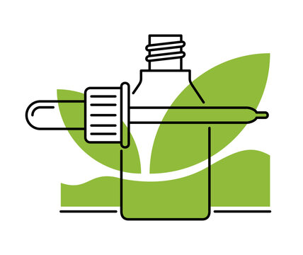 Essential Oil icon - flacon in thin line, with green background