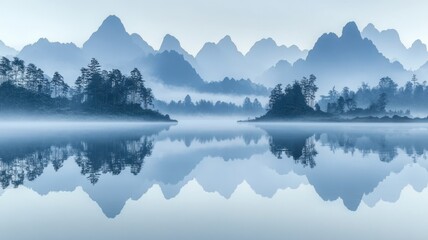 Fototapeta premium Serene mountain landscape with reflective water.