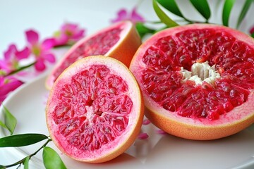 Delightful pink grapefruit slices arranged with vibrant flowers on a stylish plate
