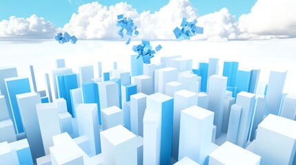 Fototapeta premium Virtual stock symbols crashing like meteors through a city skyline, leaving destruction in their wake, 3D illustration
