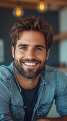 Obraz premium A man with a beard and a blue shirt is smiling. He has a big smile on his face and his eyes are wide open