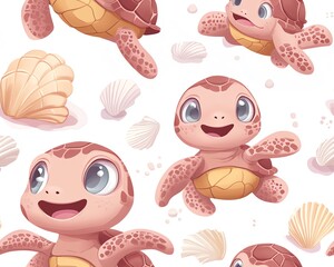 Fototapeta premium Cute cartoon sea turtles with seashells on a white background. Perfect for children's products, fabrics, and more.