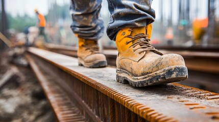 A detailed view of safety boots stepping carefully across a steel beam, with the gritty textures of the construction site visible, emphasizing safety and precision.