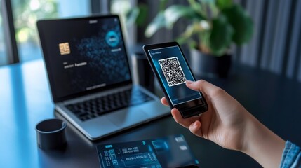 Person Scanning QR Code with Laptop in Modern Workspace