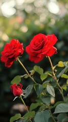 Close-up of blooming red roses in a vibrant garden at golden hour