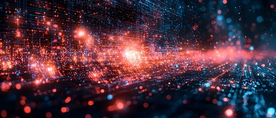Fototapeta premium A mesmerizing digital landscape filled with glowing blue and orange particles, creating a sense of depth and motion, reminiscent of data streams in a futuristic setting.