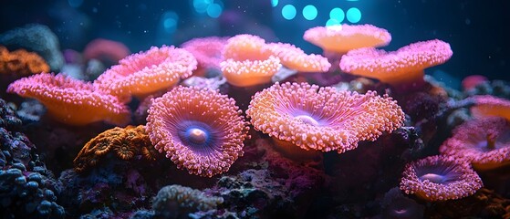 Obraz premium A vibrant underwater scene featuring colorful coral reefs with pink and orange hues, creating a mesmerizing atmosphere in a serene aquatic environment.