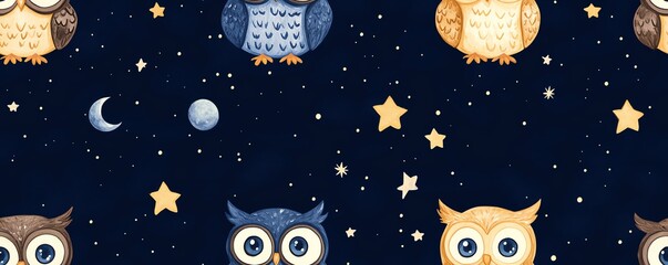 Fototapeta premium Cute watercolor owl pattern with stars on dark blue background