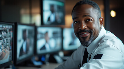 A portrait of an African American security guard sitting at his desk, surrounded by multiple monitors displaying live footage from the building he's in charge of, with a smile on h