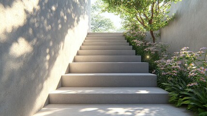 Serene staircase surrounded by greenery and flowers.