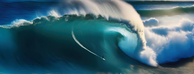 Surfer riding a massive ocean wave at sunset, captured in action with beautiful lighting and ocean mist.