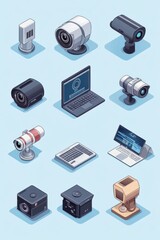 Isometric illustration of modern digital security and surveillance technology featuring various CCTV cameras and electronic devices