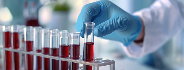 Lab technician performing a blood test, handling test tubes with precision in a sterile environment.