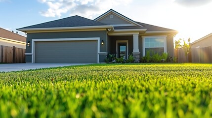 A house with a green lawn and a garage. The house is surrounded by a fence. The sun is shining on the house and the lawn