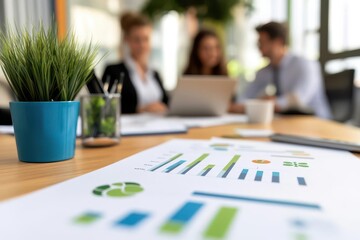 A modern workspace with documents, charts, and a plant, showcasing teamwork and productivity in a business environment.