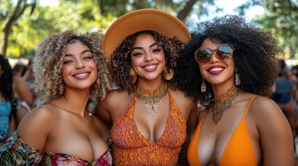 Three women with big breasts and curly hair are posing for a picture. They are wearing colorful outfits and hats. Scene is fun and lighthearted