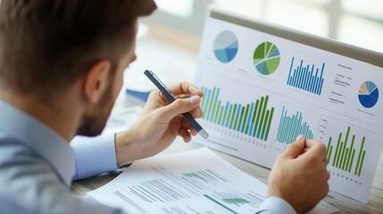 Professional analyzing data on charts and graphs for business insights and decision-making in a modern office environment.