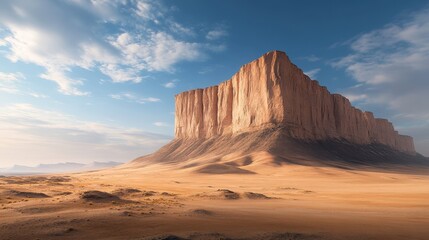Fototapeta premium Majestic sandstone cliff dominates a vast, sun-drenched desert landscape.