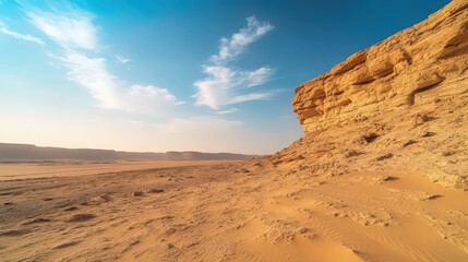 Naklejka premium Majestic sandstone cliff overlooking a vast, sandy desert under a bright blue sky.
