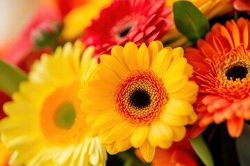 Fototapeta premium Vibrant gerbera daisies in a colorful bouquet radiating joy and warmth in natural light