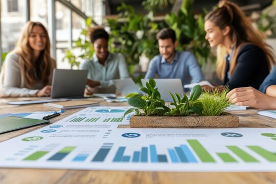 Professional team collaborating on financial reports surrounded by greenery in an office setting.