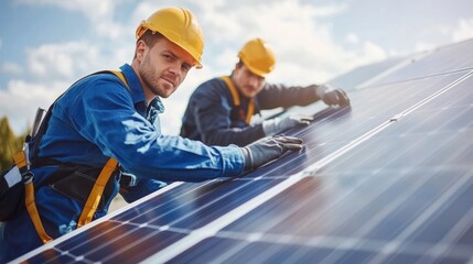 Smiling solar panel worker on a snowy rooftop installing clean energy for a bright future
