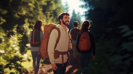 Obraz premium Joyful Friends Hiking Together in Nature