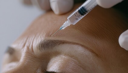A close-up shot of the patient's forehead during Botox therapy, with medical gloves holding a syringe above her head and her eyes closed. The focus is on capturing detailed facial expressions as well