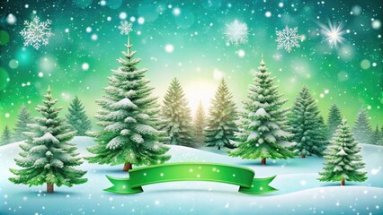 Fototapeta premium Holiday Snowy Scene with Lush Green Banner for Seasonal Promotions, Celebrations, and Festive Decorations, Featuring a Serene Winter Landscape and Ample Copy Space for Messaging