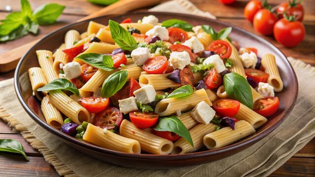Hearty Norma-style pasta salad with eggplant, tomato sauce, fresh basil, and crumbled ricotta salata cheese, arranged artfully on a warm beige and pink tablecloth.