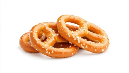 A pile of small salted pretzels on a white background