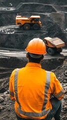 Construction worker stands in front of large mining machinery at night.