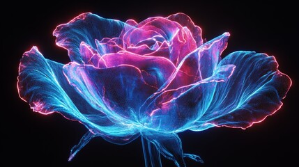 Obraz premium A glowing rose captured in Kirlian photography, with vibrant electric currents outlining each petal, blended seamlessly with intricate laser art patterns.