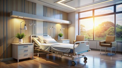 Serene hospital room ambiance with a vacant bed, medical equipment, and soft lighting, conveying a sense of peaceful recovery and trusting medical care.